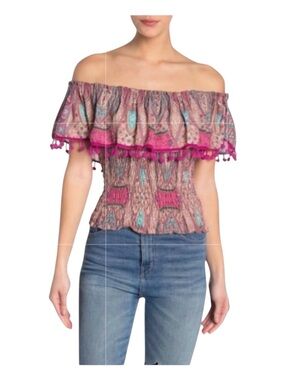RAGA Liliana Smocked Off-The-Shoulder Top in Fuchsia, Size M.